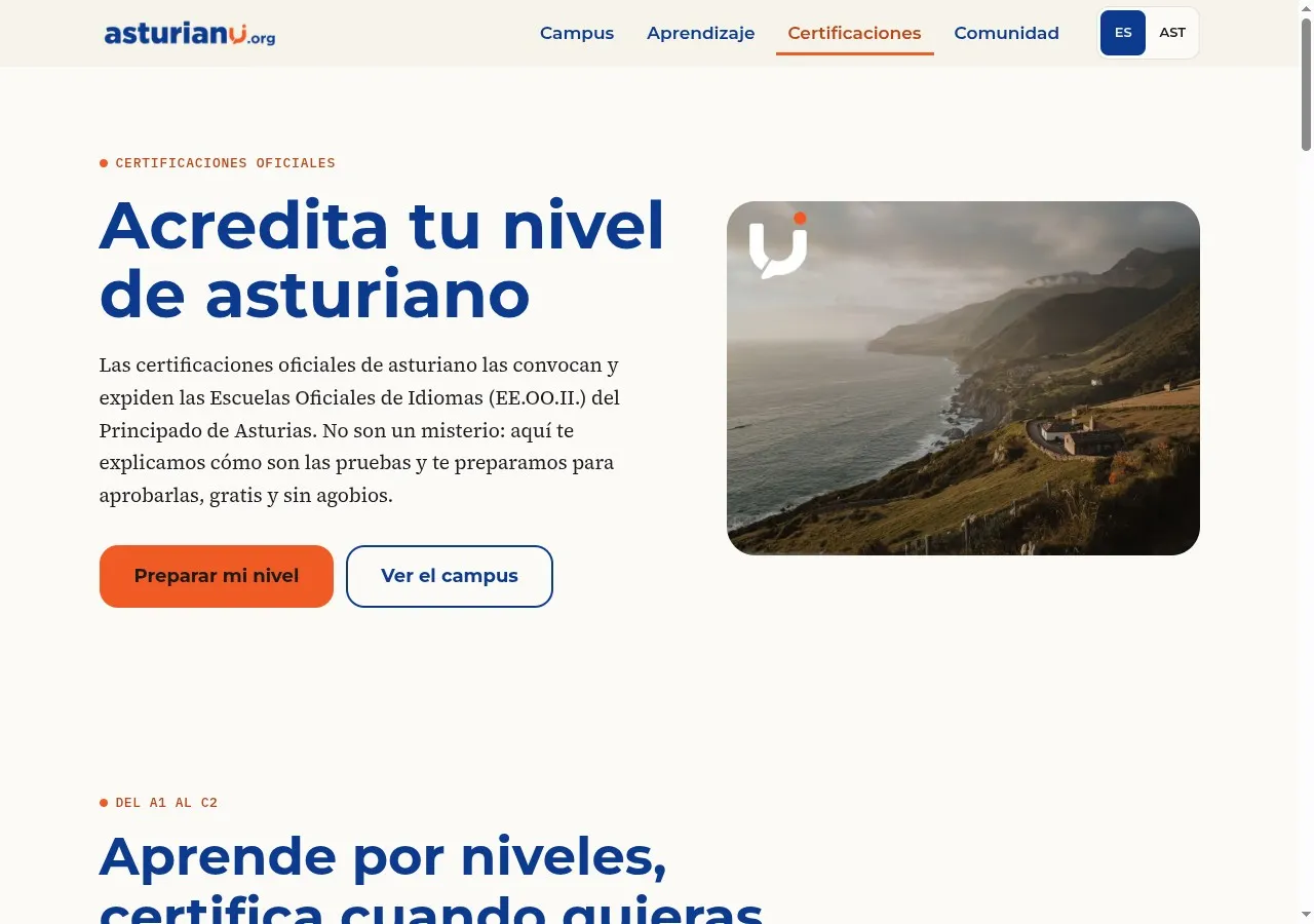 Sección de certificaciones oficiales d'asturianu.org, colos tres niveles A2, B2 y C1 y un simulacru d'exame en marcha.
