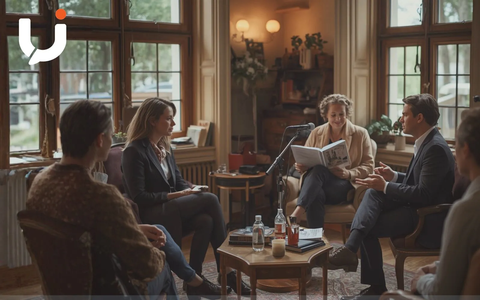 Une discussion en asturien autour d'un micro, avec une personne lisant une revue.