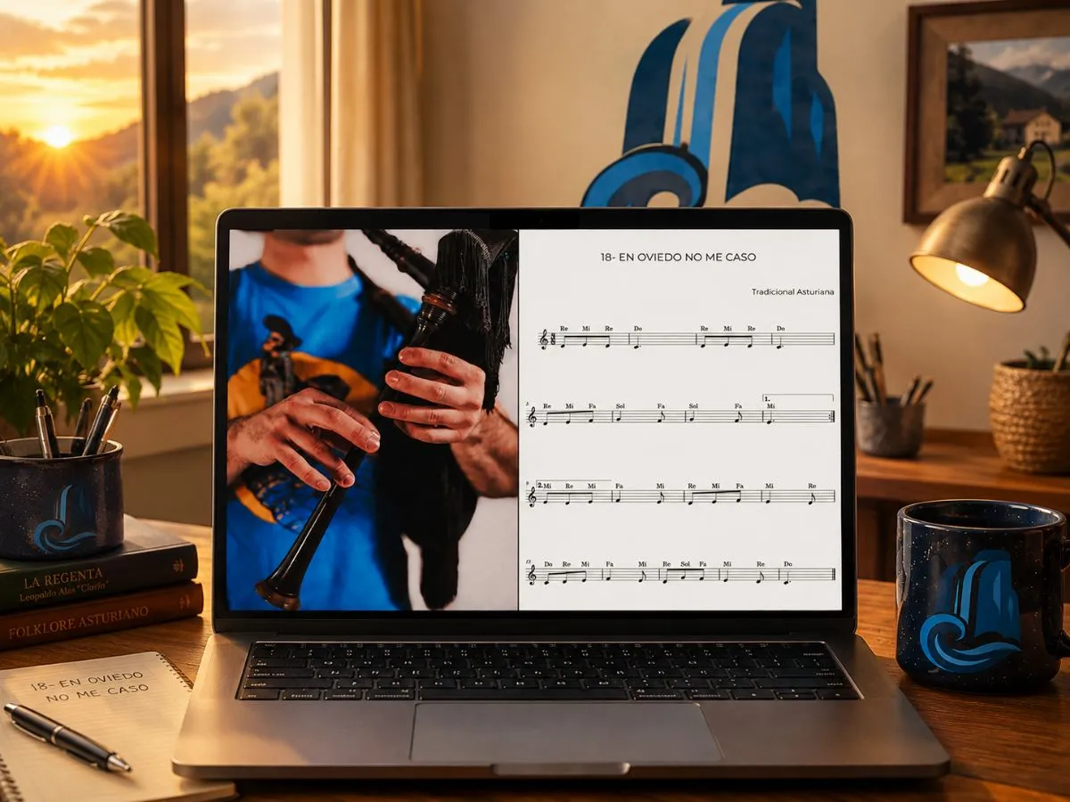 Portátil con una clase en videu de gaita asturiana y la partitura d'un tema tradicional na pantalla.