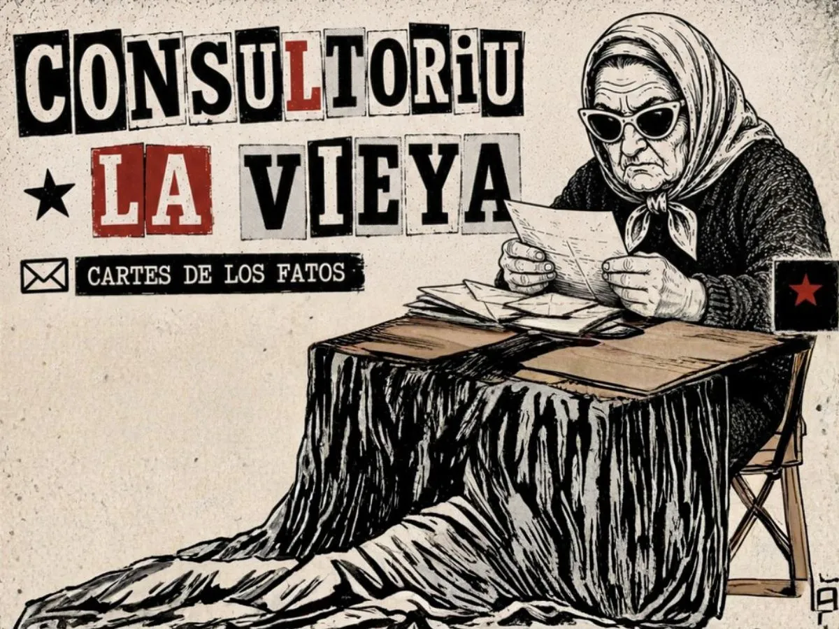 Ilustración de «Consultoriu La Vieya · Cartes de los fatos»: la protagonista, con gafes escures y pañuelu, lleendo cartes de llectores nuna mesa cubierta con una manta tradicional.