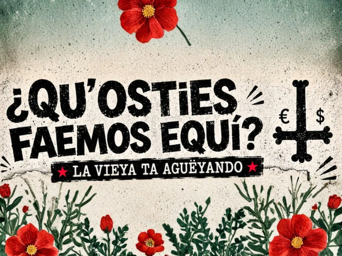 Ilustración del manifiestu «¿Qu'osties faemos equí? · La Vieya ta agüeyando», con flores roxes y la cruz d'Asturies.