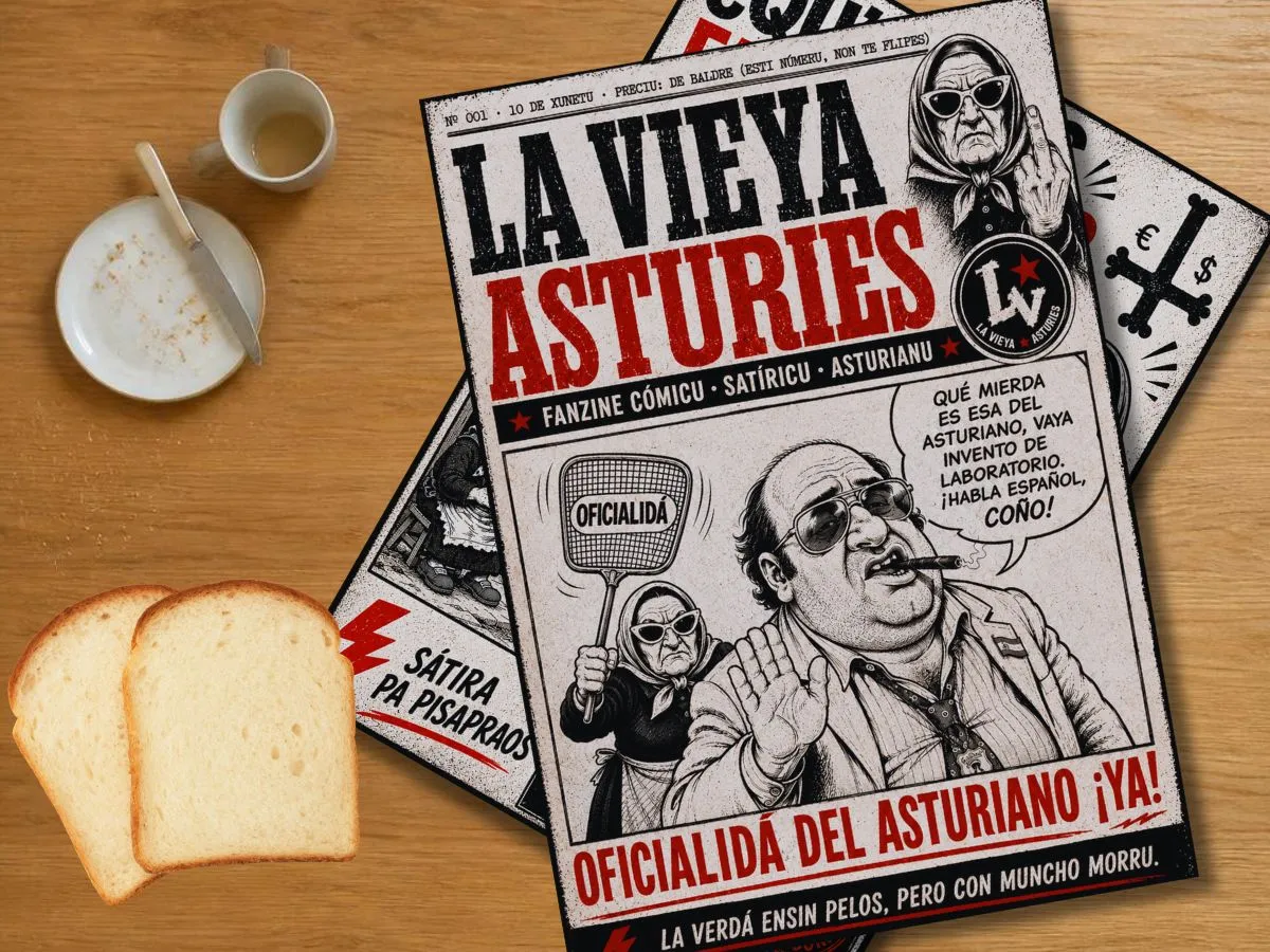 Portada de La Vieya Asturies, fanzine satíricu n'asturianu, con La Vieya al frente.