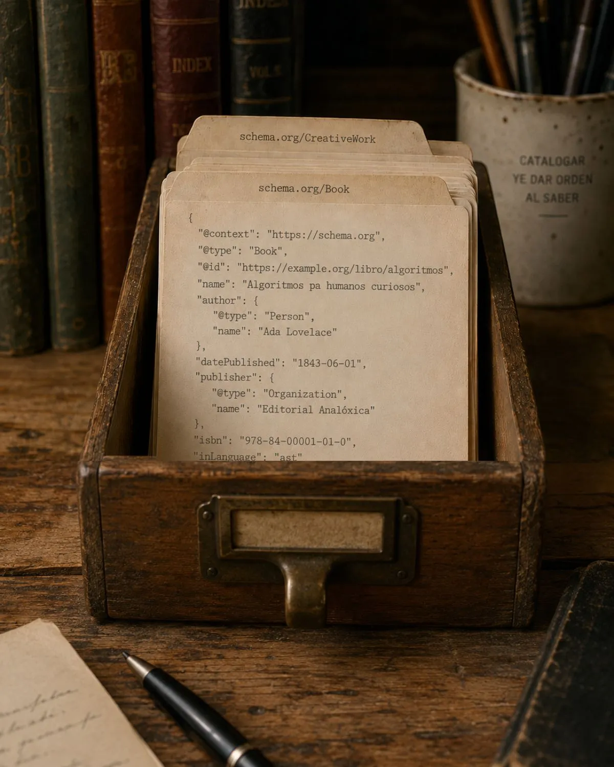 Tiroir de fichier de bibliothèque avec des fiches de catalogage au format schema.org, parmi de vieux livres et une plume.