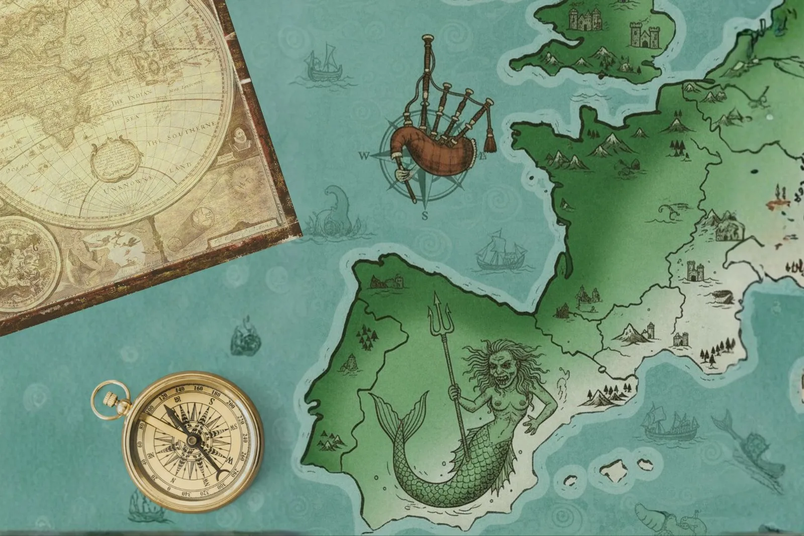 Ilustración de mapa antiguu col arcu Atlánticu européu, tema del trabayu comparativu d'investigación de Tever sobre families de gaita.